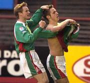 30 April 2004; Kevin Doyle, right, celebrates with his Cork City team-mate Colin O'Brien after scoring their first goal during the Eircom League Premier Division match between Bohemians and Cork City at Dalymount Park in Dublin. Photo by Damien Eagers/Sportsfile