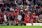 11 June 2000; Louth supporters celebrate as Kildare's Brian Lacey is sent off by referee Brian Crowe during the Bank of Ireland Leinster Senior Football Championship Quarter-Final match between Kildare and Louth at Croke Park in Dublin. Photo by Brendan Moran/Sportsfile