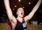 28 January 2000; Ciaran Dempsey of Denny Notre Dame celebrates following the Senior Men's Sprite Cup Semi-Final match between Tolka Rovers and Denny Notre Dame at the National Basketball Arena in Tallaght, Dublin. Photo by Brendan Moran/Sportsfile