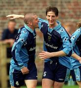 18 June 2000; Robert McAuley celebrates after scoring with UCD team-mate Clive Delaney, right, during the UEFA Intertoto Cup First Round First Leg match between UCD and Velbazhd Kyustendil at Belfield Park in Dublin. Photo by Ray Lohan/Sportsfile