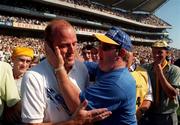 6 August 1995; Clare manager Ger Loughnane celebrates with supporters following their victory in the Guinness All-Ireland Senior Hurling Championship Semi-Final match between Clare and Galway at Croke Park in Dublin. Photo by David Maher/Sportsfile