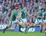 8 March 2008; Ireland out-half Ronan O'Gara on the break supported by team-mates Shane Horgan, Denis Leamy and Andrew Trimble. RBS Six Nations Rugby Championship, Ireland v Wales, Croke Park, Dublin. Picture credit: Brendan Moran / SPORTSFILE