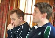 14 March 2008; Ireland head coach Eddie O'Sullivan, alongside captain Ronan O'Gara, during a press conference ahead of their RBS Six Nations game with England on Saturday. Ireland rugby squad press conference, Pennyhill Park Hotel, London Road, Bagshot, England. Picture credit: Brendan Moran / SPORTSFILE *** Local Caption ***