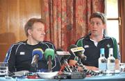 14 March 2008; Ireland head coach Eddie O'Sullivan looks on as captain Ronan O'Gara speaks during a press conference ahead of their RBS Six Nations game with England on Saturday. Ireland rugby squad press conference, Pennyhill Park Hotel, London Road, Bagshot, England. Picture credit: Brendan Moran / SPORTSFILE *** Local Caption ***
