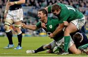 2 February 2014; Rob Kearney, Ireland, celebrates after scoring his side's third try with team-mate Jack McGrath. RBS Six Nations Rugby Championship, Ireland v Scotland, Aviva Stadium, Lansdowne Road, Dublin. Photo by Sportsfile