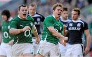 27 February 2011; Eoin Reddan, Ireland, and team-mate Cian Healy, left, celebrates after scoring his side's second try. RBS Six Nations Rugby Championship, Scotland v Ireland, Murrayfield, Edinburgh, Scotland. Picture credit: Stephen McCarthy / SPORTSFILE