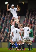 1 March 2015; Dave Attwood, England, wins a lineout. RBS Six Nations Rugby Championship, Ireland v England. Aviva Stadium, Lansdowne Road, Dublin. Picture credit: Brendan Moran / SPORTSFILE