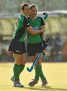19 March 2015; Emma Smyth, left, and Cliodhna Sargent, Ireland, celebrate their side's first goal against Lithuania. World Hockey League 2, Quarter-Final, Ireland v Lithuania, National Hockey Stadium, UCD, Belfield, Dublin. Picture credit: Matt Browne / SPORTSFILE