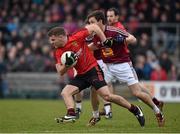 15 March 2015; Gerard Collins, Down, in action against Mark McCallon, Westmeath. Allianz Football League, Division 2, Round 5, Westmeath v Down, Cusack Park, Mullingar, Co. Westmeath. Picture credit: Matt Browne / SPORTSFILE