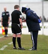 15 March 2008; Linfield manager David Jeffrey being spoken to by Referee Tim Moutray. Carnegie Premier League, Lisburn Distillery v Linfield, Ballyskeagh, Lisburn, Co. Antrim. Picture credit; Oliver McVeigh / SPORTSFILE
