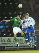 15 March 2008; Conor Hourihan, Republic of Ireland, in action against Vasileios Pallas and Konstantinos Kritikos, right, Greece. Men's U17 European Championship Qualifier, Republic of Ireland v Greece, Lissywollen Stadium, Athlone, Co. Westmeath. Picture credit; Paul Mohan / SPORTSFILE