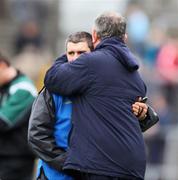 16 March 2008; Rival managers Mike McNamara, Clare, and Liam Sheedy, Tipperary, hug each other at the end of the drawn game. Allianz National Hurling League, Division 1B, Round 4, Clare v Tipperary, Cusack Park, Ennis, Co. Clare. Picture credit; Kieran Clancy / SPORTSFILE