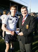 17 March 2008; Methody College's Michael Allen receiving his Man of the Match award from Mr David Workman, Ulster Branch President.. Northern Bank Schools' Senior Cup Final, Methodist College, Belfast v Regent House College, Ravenhill Park, Belfast, Co. Antrim. Picture credit; John Dickson / SPORTSFILE