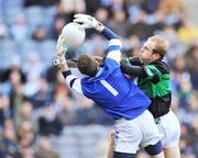 17 March 2008; St Vincent's goalkeeper Michael Savage catches a ball ahead of Dylan Mehigan, Nemo Rangers. AIB All-Ireland Club Football Final - St Vincent's v Nemo Rangers, Croke Park, Dublin. Picture credit; Brendan Moran / SPORTSFILE