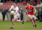 15 March 2015; Aidan McCrory, Tyrone, in action against Conor Dornan, Cork. Allianz Football League, Division 1, Round 5, Tyrone v Cork, Healy Park, Omagh, Co. Tyrone. Picture credit: Oliver McVeigh / SPORTSFILE