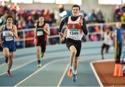 21 March 2015; Jack Dempsey, Galway City Harriers AC, crosses the finish line to win the Men's U17 4x200m Relay Final event during Day one of the GloHealth Juvenile Indoor Track and Field Championships. Athlone International Arena, Athlone, Co.Westmeath.  Picture credit: Pat Murphy / SPORTSFILE