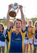 21 March 2015; St Patrick's College Drumcondra captain Niamh Kelly, from Moy Davitts, Co. Mayo, lifts the Donaghy Cup after victory over Liverpool Hope University, Donaghy Cup Ladies Football Final, St Patrick's College Drumcondra v Liverpool Hope University. Cork IT, Bishopstown, Cork. Picture credit: Diarmuid Greene / SPORTSFILE