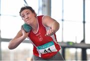21 March 2015; Anne-Marie Torsney, Fingallians AC, On her way to winning the Women's U19 Shot Putt event during Day one of the GloHealth Juvenile Indoor Track and Field Championships. Athlone International Arena, Athlone, Co.Westmeath.  Picture credit: Pat Murphy / SPORTSFILE