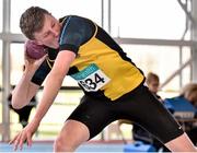 21 March 2015; Jack Manning, Kilkenny City Harriers AC, On his way to winning the Men's U18 Shot Putt event during Day one of the GloHealth Juvenile Indoor Track and Field Championships. Athlone International Arena, Athlone, Co.Westmeath.  Picture credit: Pat Murphy / SPORTSFILE