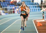 21 March 2015; Allanah Deering, Nenagh Olympic AC, on her way to winning the Women's U16 4x200m Relay Final event during Day one of the GloHealth Juvenile Indoor Track and Field Championships. Athlone International Arena, Athlone, Co.Westmeath.  Picture credit: Pat Murphy / SPORTSFILE