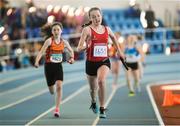 21 March 2015; Helene Dee, Dooneen AC, on her way to winning the Women's U14 4x200m Relay Final event during Day one of the GloHealth Juvenile Indoor Track and Field Championships. Athlone International Arena, Athlone, Co.Westmeath.  Picture credit: Pat Murphy / SPORTSFILE