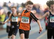 21 March 2015; Oisin Pepper, Nenagh Olympic AC, on his way to winning the Men's U12 4x100m Relay Final event during Day one of the GloHealth Juvenile Indoor Track and Field Championships. Athlone International Arena, Athlone, Co.Westmeath.  Picture credit: Pat Murphy / SPORTSFILE