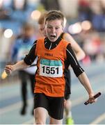 21 March 2015; Oisin Pepper, Nenagh Olympic AC, on his way to winning the Men's U12 4x100m Relay Final event during Day one of the GloHealth Juvenile Indoor Track and Field Championships. Athlone International Arena, Athlone, Co.Westmeath.  Picture credit: Pat Murphy / SPORTSFILE