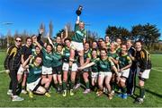 21 March 2015; Railway Union captain Danielle O'Sullivan is lifted by her team-mates after their victory. Women's Leinster League Final Division 2, Tullamore v Railway Union. Donnybrook Stadium, Donnybrook, Dublin. Picture credit: Ramsey Cardy / SPORTSFILE