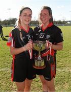 21 March 2015; TCD players Rebecca McDonnell, left, and Stacey Flood, both from Clan na Gael Fontenoy, Dublin, celebrate with the Giles Cup after victory over AIT. Giles Cup Ladies Football Final, Athlone Institute of Technology v Trinity College Dublin, Cork IT, Bishopstown, Cork. Picture credit: Diarmuid Greene / SPORTSFILE