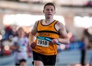 21 March 2015; Sean O'Callaghan, Leevale AC, on his way to winning the Men's U18 4x200m Relay Final event during Day one of the GloHealth Juvenile Indoor Track and Field Championships. Athlone International Arena, Athlone, Co.Westmeath.  Picture credit: Pat Murphy / SPORTSFILE