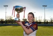 21 March 2015; UL captain and Player of the Match Niamh O'Dea celebrates with the O'Connor cup after victory over DCU. O'Connor Cup Ladies Football Final, Dublin City University v University of Limerick, Cork IT, Bishopstown, Cork. Picture credit: Diarmuid Greene / SPORTSFILE
