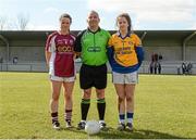 21 March 2015; Referee Colm McManus with Glenamaddy Community School captain Nicola Ward and Coláiste Dún Iascaigh team captain Lauren Fitzpatrick. TESCO All Ireland PPS Senior A Final, Coláiste Dún Iascaigh, Tipperary v Glenamaddy Community School, Galway. Kinnitty, Co. Offaly. Picture credit: Matt Browne / SPORTSFILE