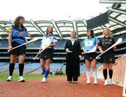 18 March 2008; President of the Camogie Association Liz Howard, with from left, Mags D'Arcy, Wexford, UCD, Orna Neville, Cork, Mary Immaculate College, Limerick, Aileen Laverty, Derry, University of Ulster, Jordanstown, and Elaine Tannian, Galway, Sligo IT, at the presentation of the camogie bursary for 2008. The bursaries, which are supported by the Irish Sports Council, are given to those who have helped the development of Camogie within their own clubs and colleges. Each recipient will be required to contribute time to coaching within their county and college over the next twelve months and this will include anything from skills training and coaching camps to research of participation and views of Camogie within their region. Croke Park, Dublin. Picture credit: Pat Murphy / SPORTSFILE  *** Local Caption ***
