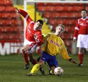 18 March 2008; Aaron Smyth, Cliftonville, in action against Mark McAllister,  Dungannon Swifts. Setanta Cup Group 1, Cliftonville v Dungannon Swifts, Solitude, Belfast, Co. Antrim. Picture credit: Oliver McVeigh / SPORTSFILE