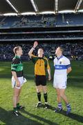 17 March 2008; Nemo Rangers captain Niall Geary, left, and St Vincents captain Tomas Quinn look on as referee Joe McQuillan tosses the coin. AIB All-Ireland Club Football Final, St Vincents v Nemo Rangers, Croke Park, Dublin. Picture credit; Ray McManus / SPORTSFILE