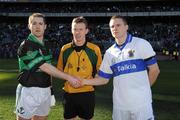 17 March 2008; Nemo Rangers captain Niall Geary, left, and St Vincents captain Tomas Quinn shake hands in front of referee Joe McQuillan. AIB All-Ireland Club Football Final, St Vincents v Nemo Rangers, Croke Park, Dublin. Picture credit; Ray McManus / SPORTSFILE