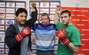 21 March 2008; Promoter Brian Peters with Yori Boy Campas, left, and Matthew Macklin after a press conference ahead of Saturday's Ladbrokes.com Fight Night - Macklin v Campas. Tara Towers Hotel, Merrion Road, Dublin. Picture credit; Stephen McCarthy / SPORTSFILE
