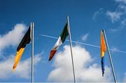 22 March 2015; A jet passes in the distance as the Tricolour, the Clare and Kilkenny flags flutter in the wind. Allianz Hurling League Division 1A, round 5, Kilkenny v Clare, Nowlan Park, Kilkenny. Picture credit: Ray McManus / SPORTSFILE