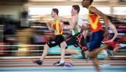 22 March 2015; Eoin Doherty, Tallaght AC, on his way to winning the Men's U19 60m Final event during Day two of the GloHealth Juvenile Indoor Track and Field Championships. Athlone International Arena, Athlone, Co.Westmeath.  Picture credit: Pat Murphy / SPORTSFILE