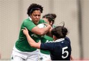22 March 2015; Sophie Spence, Ireland, is tackled by Emma Wassell, Scotland. Women's Six Nations Rugby Championship, Scotland v Ireland. Broadwood Stadium, Clyde FC, Glasgow, Scotland. Picture credit: Stephen McCarthy / SPORTSFILE