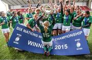 22 March 2015; Ireland captain Niamh Briggs and team-mates celebrate with the Women's Six Nations Rugby Championship trophy. Women's Six Nations Rugby Championship, Scotland v Ireland. Broadwood Stadium, Clyde FC, Glasgow, Scotland. Picture credit: Stephen McCarthy / SPORTSFILE