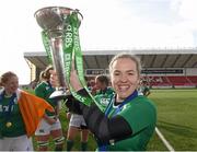 22 March 2015; Ireland captain Niamh Briggs celebrates with the Women's Six Nations Rugby Championship trophy. Women's Six Nations Rugby Championship, Scotland v Ireland. Broadwood Stadium, Clyde FC, Glasgow, Scotland. Picture credit: Stephen McCarthy / SPORTSFILE
