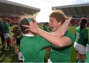 22 March 2015; Ireland's Jenny Murphy and Gillian Bourke, left, celebrate after winning the Women's Six Nations Rugby Championship. Women's Six Nations Rugby Championship, Scotland v Ireland. Broadwood Stadium, Clyde FC, Glasgow, Scotland. Picture credit: Stephen McCarthy / SPORTSFILE