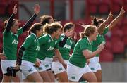 22 March 2015; Ireland players celebrate at the final whistle. Women's Six Nations Rugby Championship, Scotland v Ireland. Broadwood Stadium, Clyde FC, Glasgow, Scotland. Picture credit: Stephen McCarthy / SPORTSFILE