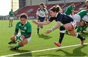 22 March 2015; Tania Rosser, Ireland, goes over to score a second half try despite the tackle of Mhairi Grieve, Scotland. Women's Six Nations Rugby Championship, Scotland v Ireland. Broadwood Stadium, Clyde FC, Glasgow, Scotland. Picture credit: Stephen McCarthy / SPORTSFILE