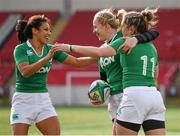 22 March 2015; Alison Miller, right, is congratulated by her Ireland team-mates Sene Naoupu, left, and Niamh Briggs after scoring a late try. Women's Six Nations Rugby Championship, Scotland v Ireland. Broadwood Stadium, Clyde FC, Glasgow, Scotland. Picture credit: Stephen McCarthy / SPORTSFILE
