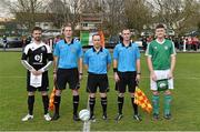 22 March 2015; City Utd captain Keith Nibbs and Clonmel Celtic captain Craig Condon, along with match officials, from left to right, assistant referee Brian Higgins, referee Donal Power, and assistant referee Nigel Casey, before the game. Aviva FAI Junior Cup Quarter-Final, Clonmel Celtic v City Utd. Celtic Park, Clonmel, Co. Tipperary. Picture credit: Diarmuid Greene / SPORTSFILE