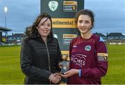 22 March 2015; Galway WFC's Keara Cormican receives the Continental Tyres Player of the Match award from Shirley Halvey, Kevin Burke Tyres, Galway. The presentation took place at the Continental Tyres Women’s National League featured fixture between Galway WFC and Wexford Youths Women’s AFC at Eamonn Deacy Park, Galway.  To follow live updates from the Continental Tyres Women’s National League fixtures follow us at @FAI_WNL or visit us at www.Facebook.com/ContinentalTyresWomensNationalLeague. Continental Tyres Women's National League, Galway WFC v Wexford Youths Women's AFC. Eamon Deacy Park, Galway. Picture credit: Ramsey Cardy / SPORTSFILE