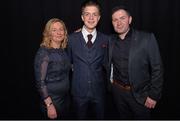 22 March 2015; Republic of Ireland U21 International Jack Grealish, with his parents Karen and Kevin, at the 3 FAI International Football Awards. RTE Studios, Donnybrook, Dublin. Picture credit: David Maher / SPORTSFILE
