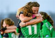 22 March 2015; Ireland's Nicola Evans and Megan Frazer, left, celebrate after the penalty shoot-out. World Hockey League 2 Final, Ireland v Canada, National Hockey Stadium, UCD, Belfield, Dublin. Picture credit: Piaras O Midheach / SPORTSFILE